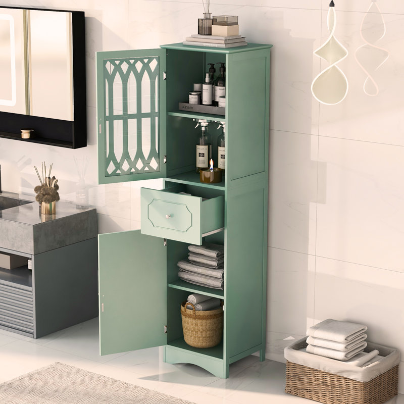 Armoire de salle de bain haute, armoire de rangement autoportante avec tiroir et portes, panneau de fibres à densité moyenne, porte en acrylique, tablette réglable