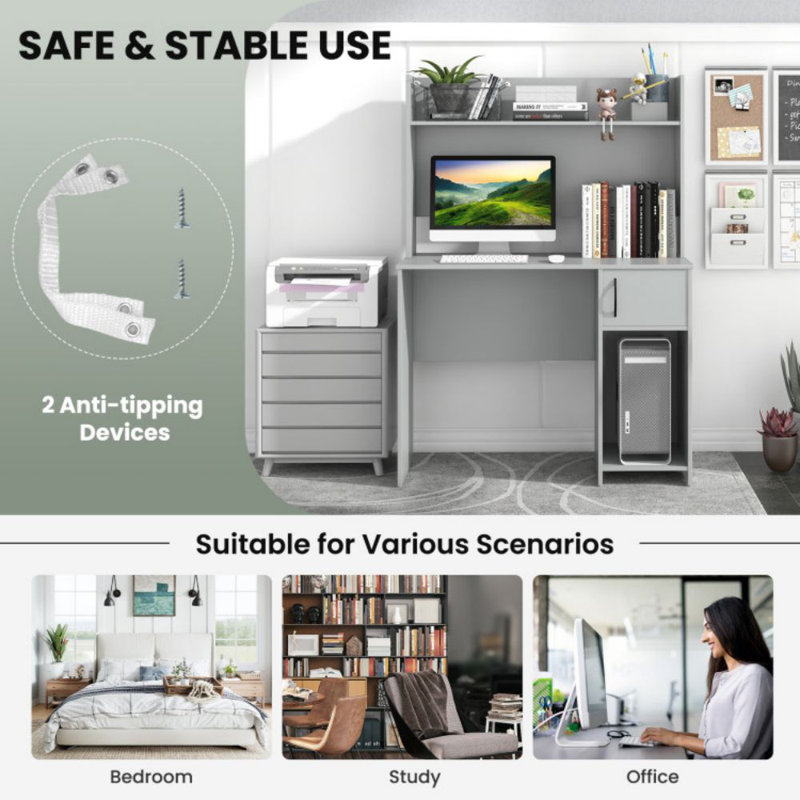Home Office Desk With Raised Display Shelf And 2 Open Shelves