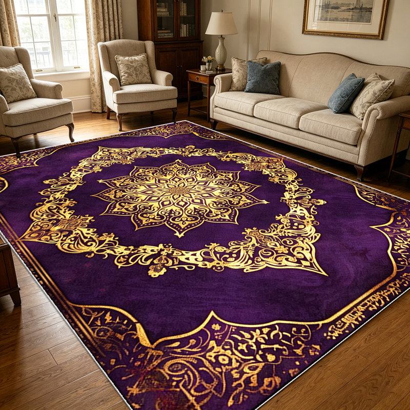 1PC Deep Purple Metallic Gold Vintage Boho Mandala Persian Floral area rugs for Living Room, Soft, All seasons, Easy-maintain, Washable Indoor mat, Farmhouse suitable for for dining table, entryway, bedroom...