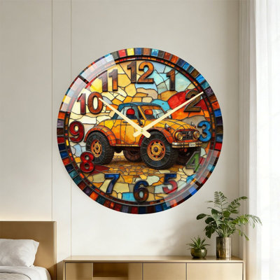 Superbe horloge en verre coloré avec art de voiture rétro - horloge murale moderne en verre de 24 po