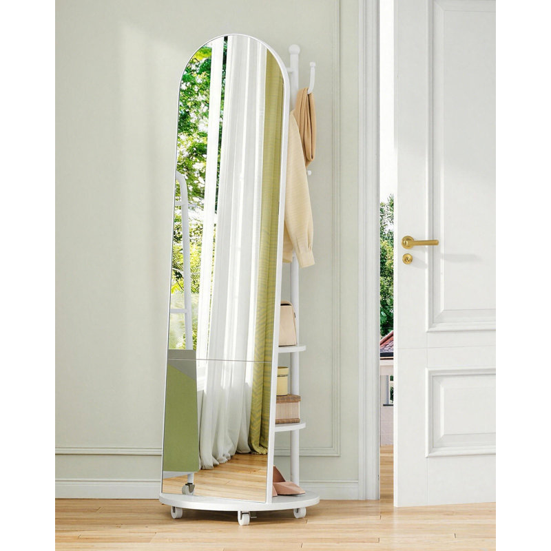 Full Length Mirror, 360° Rotating Floor Mirror with Wheels, 165 x 45 cm, Standing Mirror with Coat Rack, with Shelves and Hooks for Bedroom, Living Room, Tempered Glass, White 