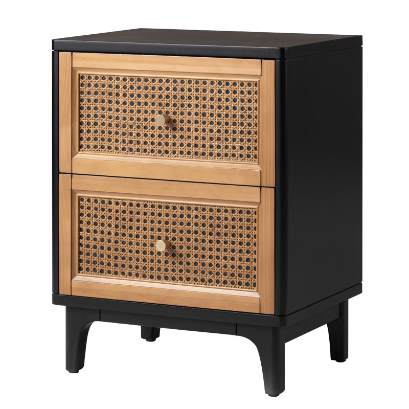 Aril 2-Drawer Woven Cane Front Accent Nightstand with Brass Knobs, Black/Brown