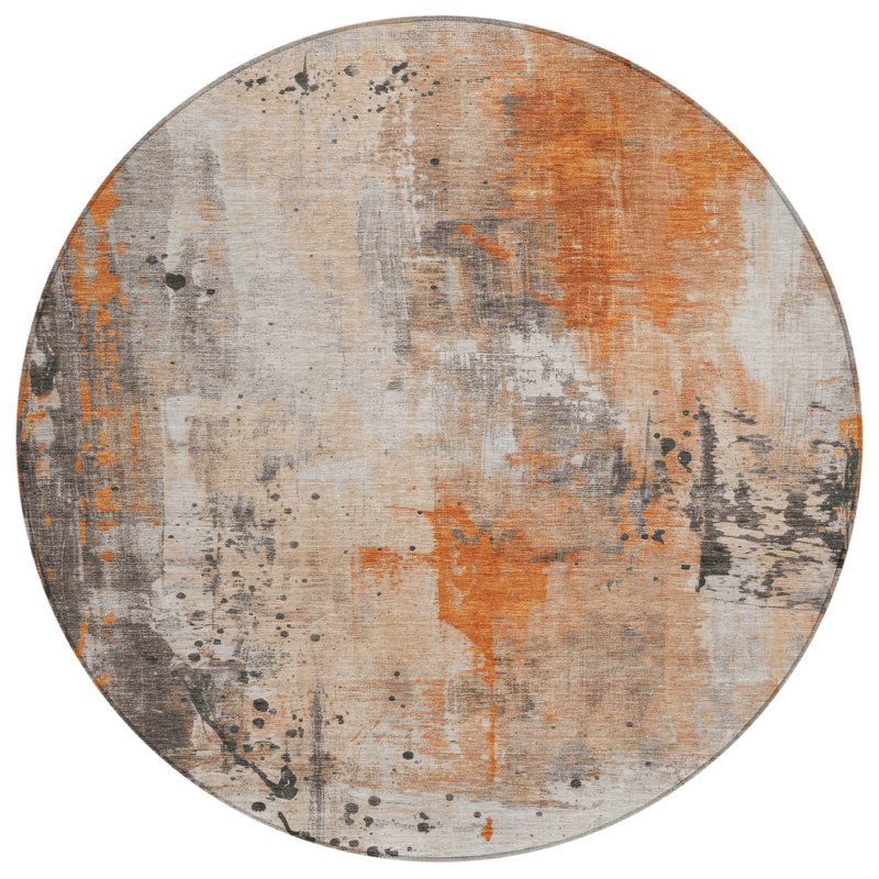Machine Washable Indoor/Outdoor Xhevrie Orange Rug, Round 8'