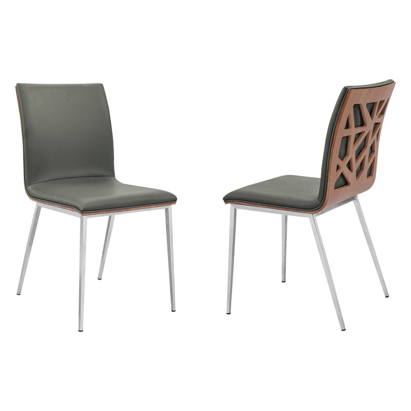 Bjorn Armless Dining Chairs in Brushed Stainless Steel Finish and Walnut Back (Set of 2), Gray PU/Walnut
