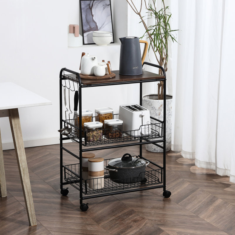 Walnut 3 Tier Kitchen Cart With 2 Sliding & Side Hooks, Compact For Efficient Storage Island Adaptable Various Room Settings