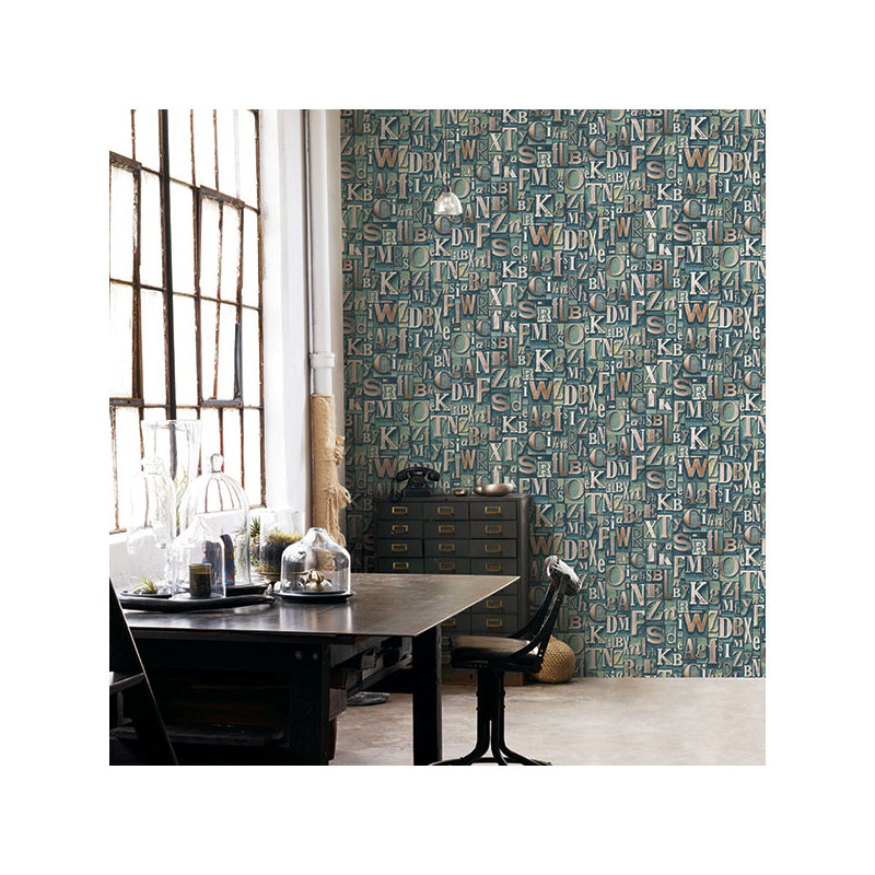 Nostalgie Block Letters Design Wallpaper Roll, Green/Gold