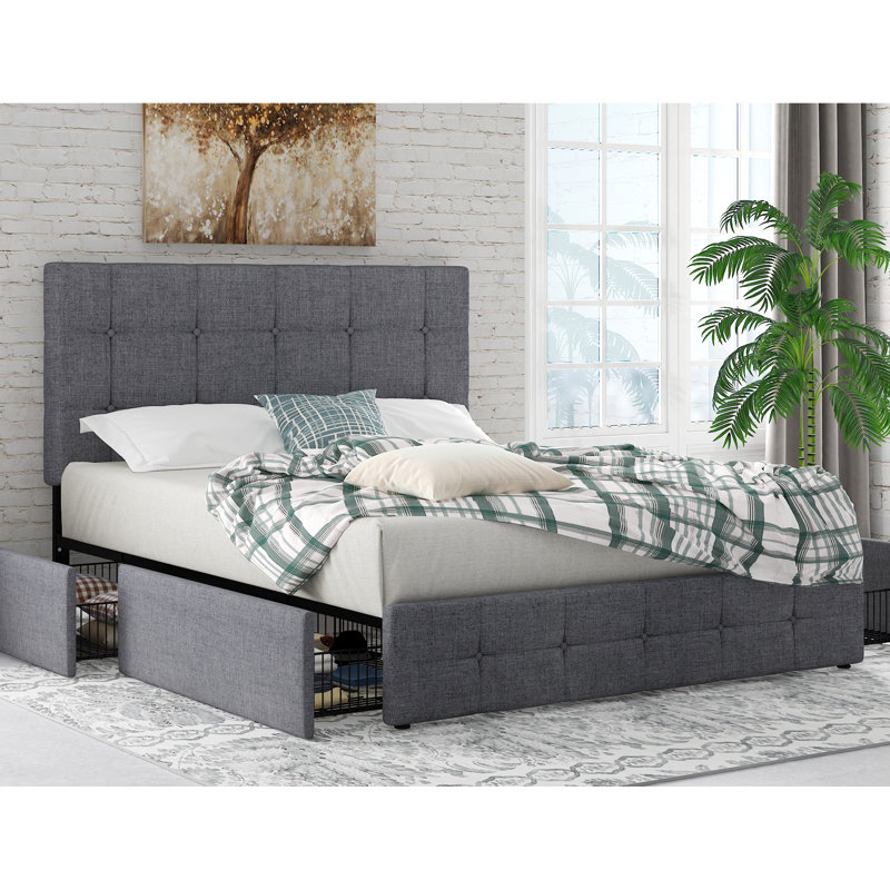 Base de lit plateforme Red Barrel Studio® avec rangement à 4 tiroirs et tête de lit, sommier tapissier capitonné à boutons carrés avec support en lattes de bois, aucun sommier nécessaire, gris clair