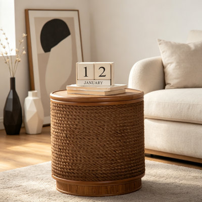 Table basse ronde en rotin avec rangement amovible