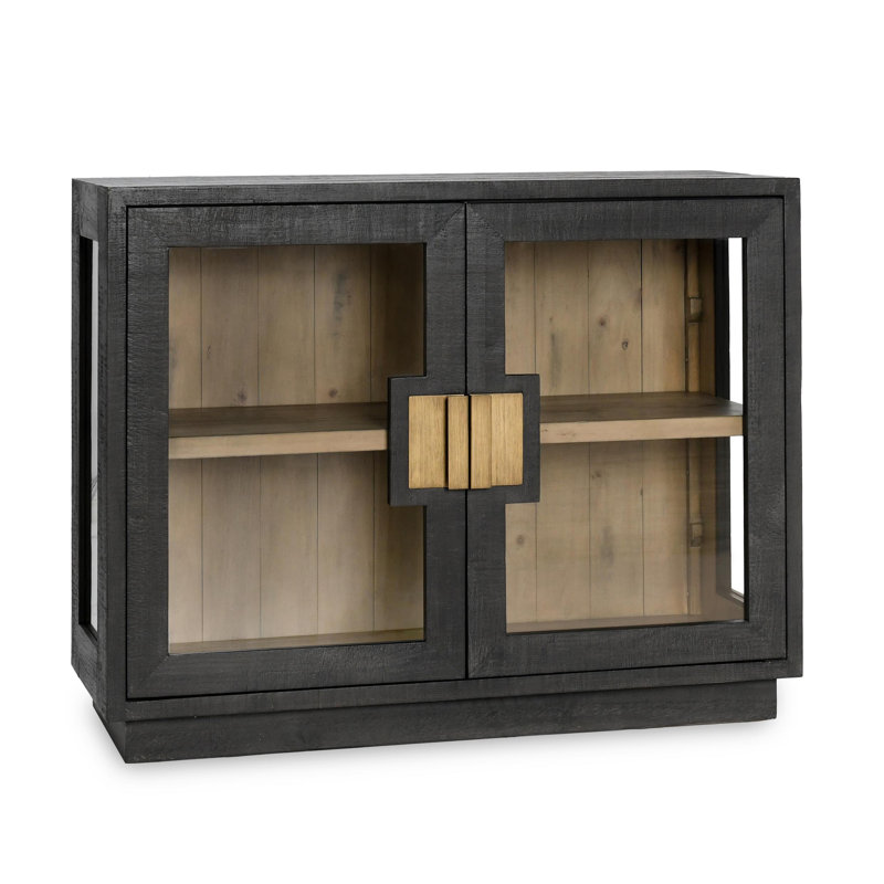 Larson Two-Door Glass Oak Wood Cabinet, Black, Gold
