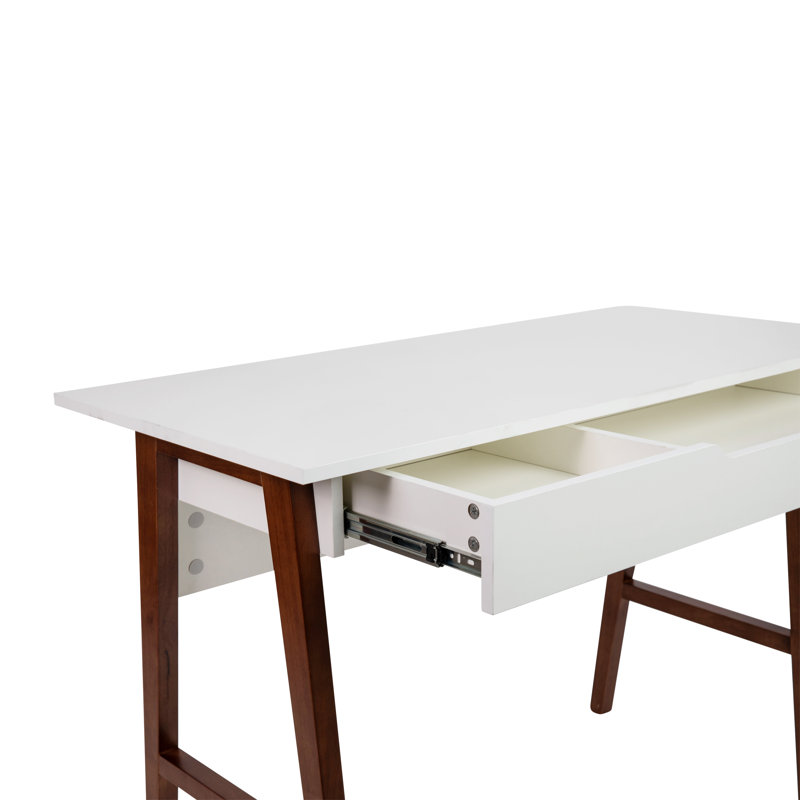 White Laminate Top Writing Desk with Walnut Frame and Drawer