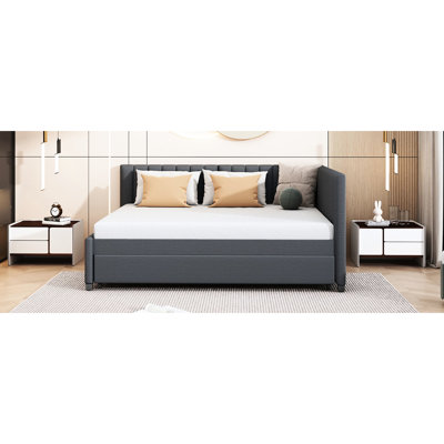 Full Sized Upholstered Bed With Twin Trundle, Gray Linen, Frame Excluding Box Spring Daybed In Linen No Spring, Classic Design For Use And Space Saving