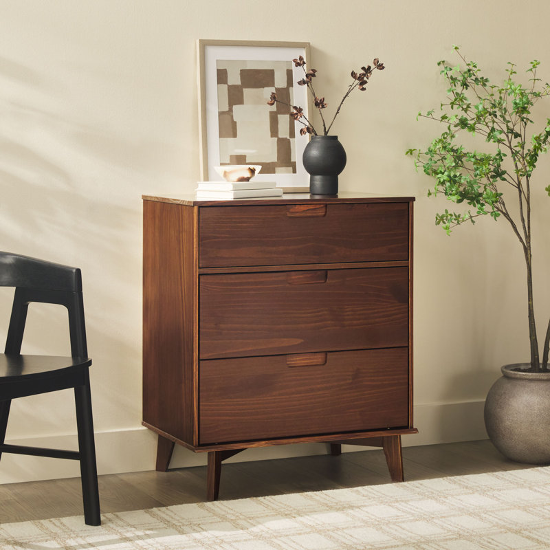 Yarber Groove 3 Drawer Solid Wood Chest, Walnut