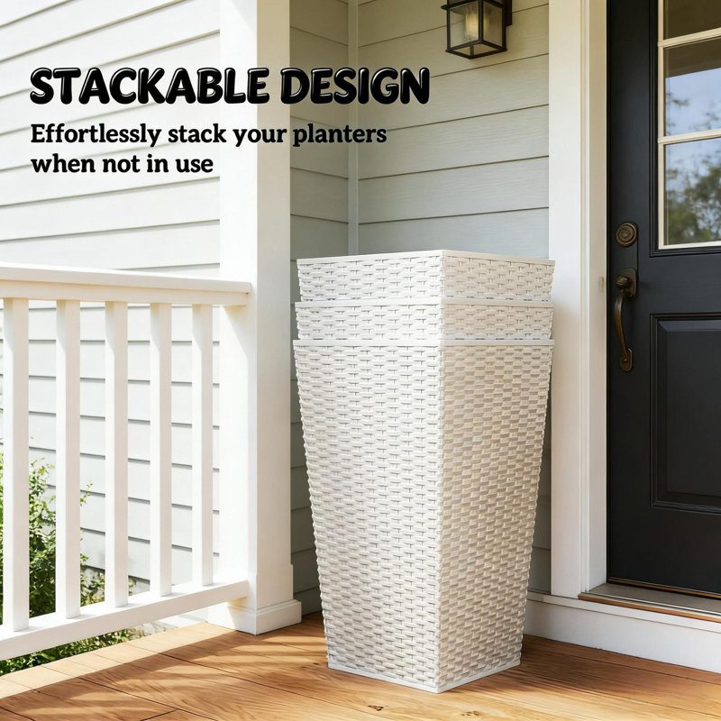 Ensemble de 3 jardinières blanches spacieuses en polyéthylène durable de style moderne boho pour patio et jardin