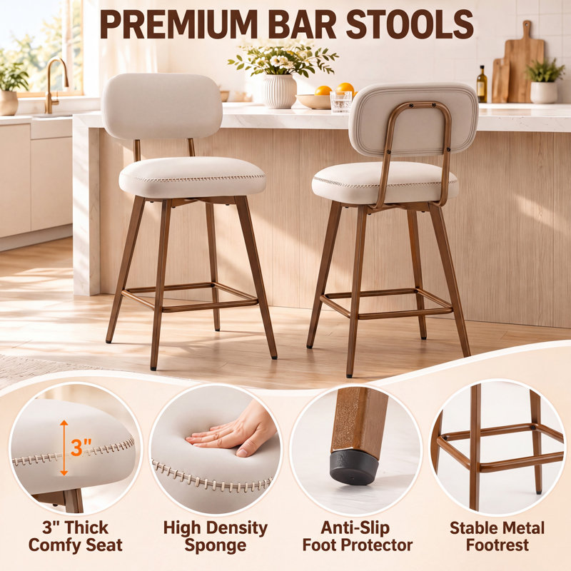 Tabourets de bar Nidovia 63,5 cm (25 po) de hauteur comptoir, pivotants à 360°, dossier bas, revêtement en similicuir, assise rembourrée, pieds en métal et repose-pieds.
