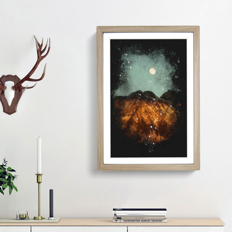 Moon Over The Mountains In Italy Paint Splash - Picture Frame Graphic Art, Oak Framed, 33cm H x 24cm W x 2cm D
