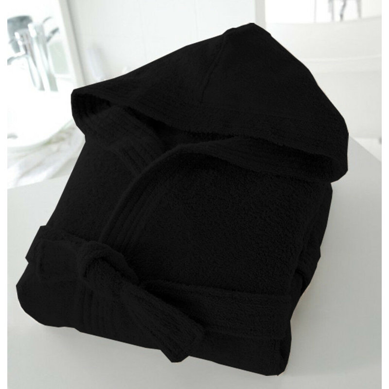 Gattu Terry Cloth Mid-Calf Bathrobe with Pockets and Hood, S, Black