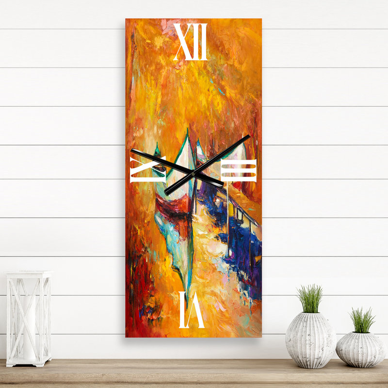 Petit bateau pendant un coucher de soleil chaud et orange - Horloge murale nautique et côtière, Grand