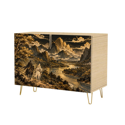Buffet à 2 portes, style majestueux, avec vue sur un paysage de montagne et une rivière paisible. Console moderne, meuble de rangement sur pied en bois, dosseret idéal pour la cuisine, la salle à manger, le salon, l'entrée ou un coin café.