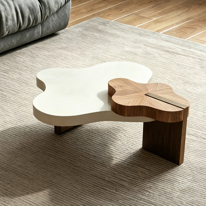 Maville 3 Piece Modern Cloud-Shaped Irregular Wood Nesting Coffee Table Set, Mid-Century Living Room Center Table in Creamy White and Walnut for Living Room Lounge Office
