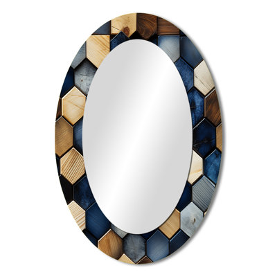 Beige And Blue Hexagones Symmetry - Blue Modern Oval Wall Mirror