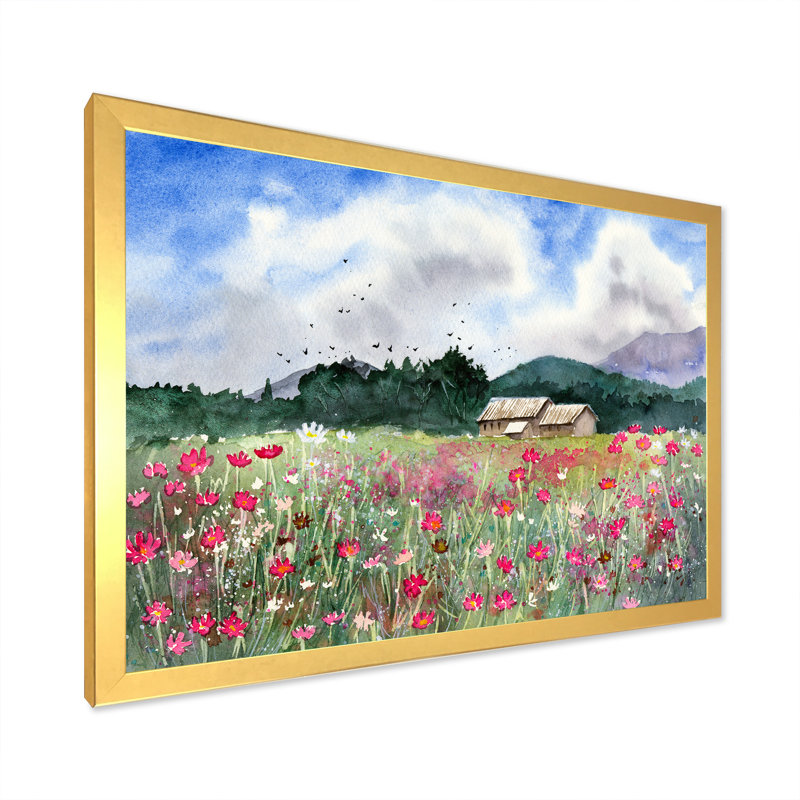 Paysage avec un champ de fleurs blanches et roses - Peinture sur toile, H 24 po x l 32 po x P 1 po, Cadre doré à coins fermés