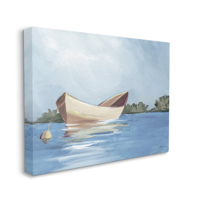 Bateau flottant sur un lac sur bois par Liz Jardine, peinture, H 24 po x l 30 po x P 1,5 po, Giclée encadrée noir minuit