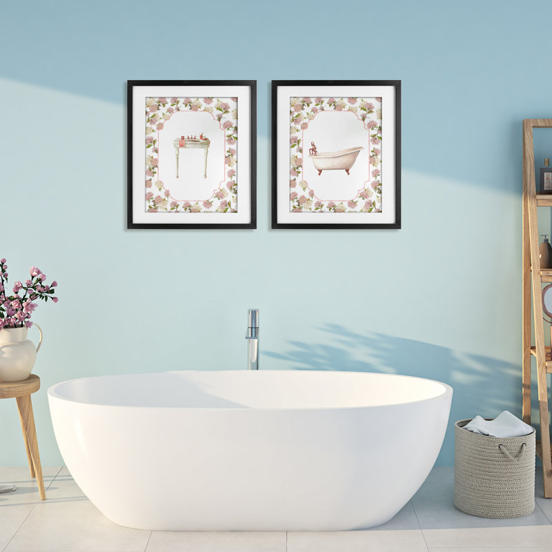 Elegant Hydrangeas Bathroom 2pc, ensemble de reproduction encadrée sous verre, design par Carol Robinson, H 21 po x l 17 po