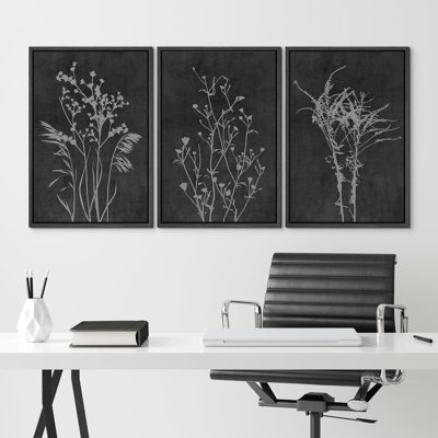 Minimaliste botanique bicolore silhouette de fleurs sauvages Moody foncé, œuvre d'art moderne minimaliste botanique