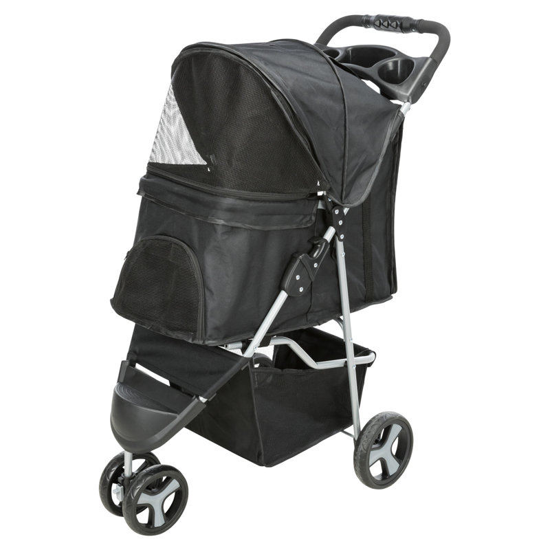 Black Foldable Pet Stroller with Weather Cover and Storage