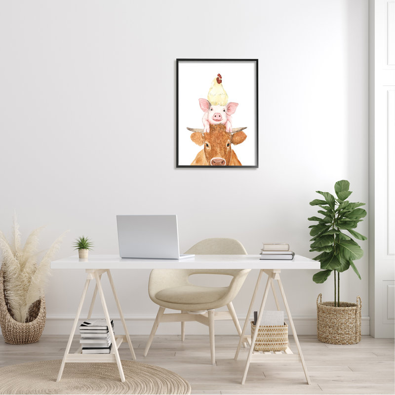 Illustration de poule de vache empilée par une échelle blanche, L 24 po x H 30 po, Giclée encadrée noir minuit