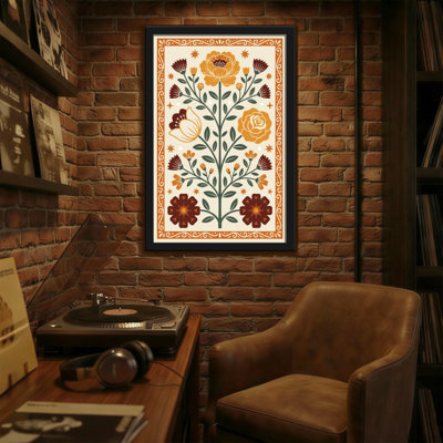 Plantes et fleurs avec motif floral orange et brun