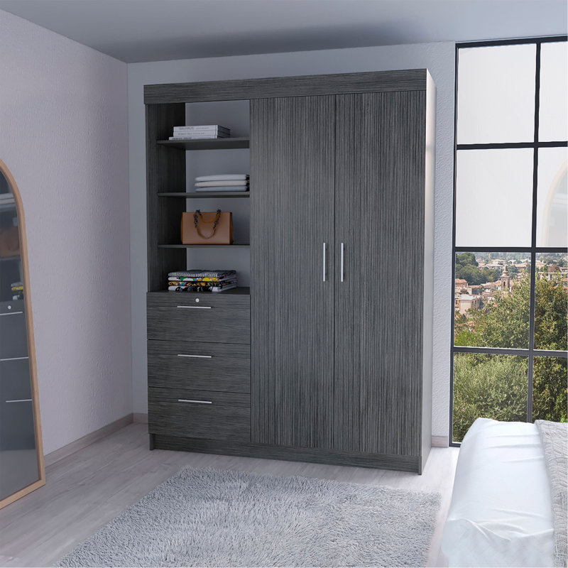 Armoire 3 tiroirs Tempe, tablette à 3 niveaux, 2 portes