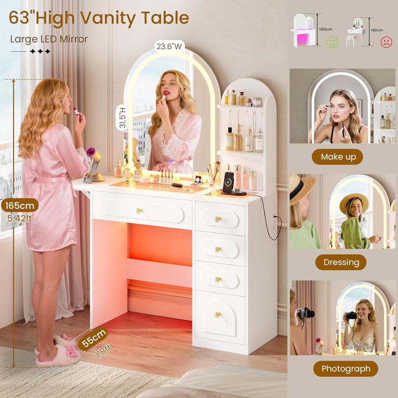 Bureau de maquillage avec miroir lumineux à DEL et 5 tiroirs, coiffeuse blanche avec prise de courant et tablette de rangement ouverte pour la chambre à coucher, grande coiffeuse, 3 modes de couleurs