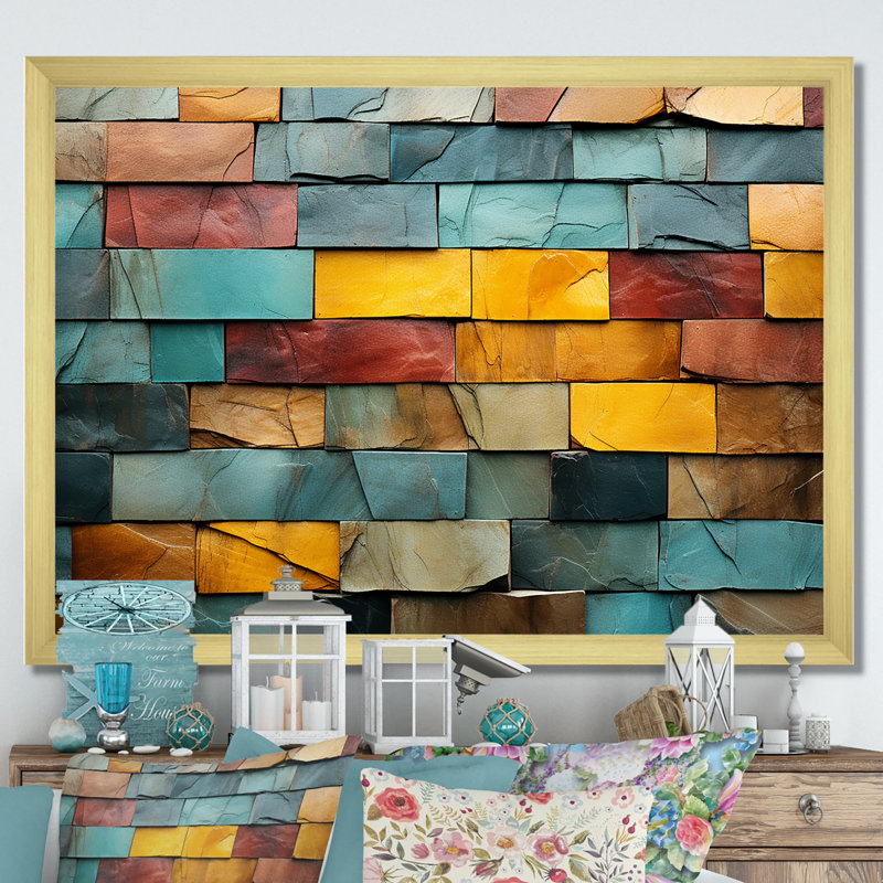 Boho terre élément pierre mosaïque II - Boho mosaïque murale, Cadre doré à coins fermés, H 34 po x l 44 po x P 1,5 po