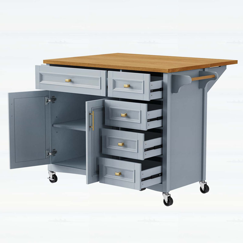 Vintage-Style Kitchen Island with Drop Leaf,Spacious Storage,and Mobile Wheels, Blue