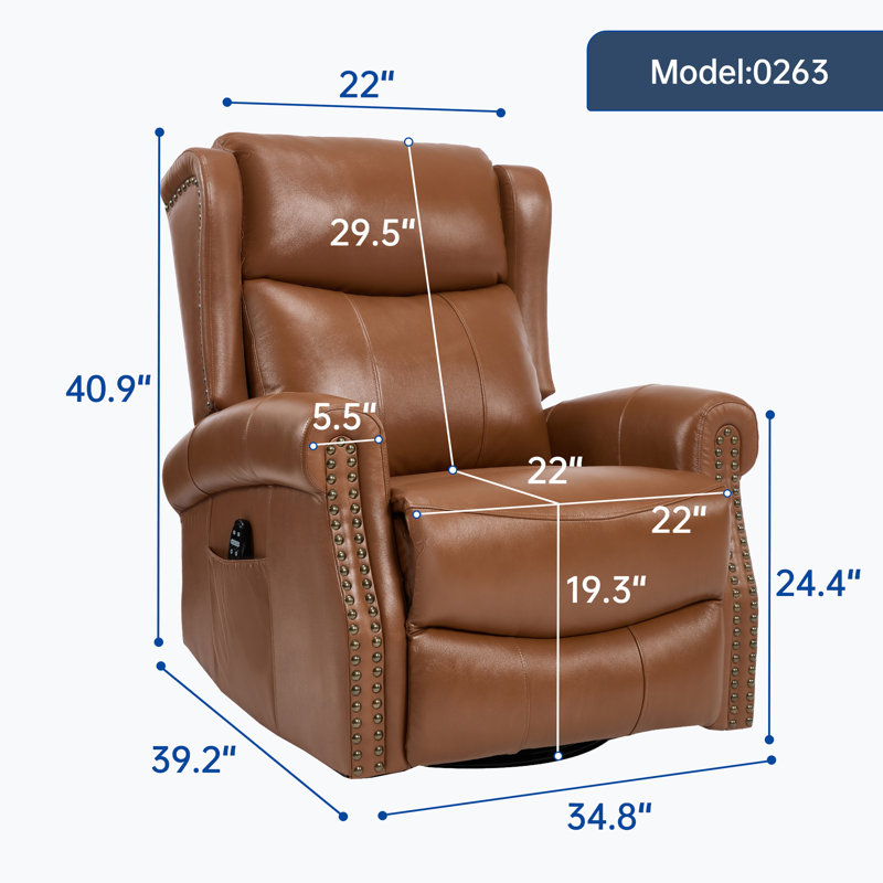 Heat Massage Manual Recliner Chair With Rocker And Swivel In Genuine Leather For Living Room, Yellow