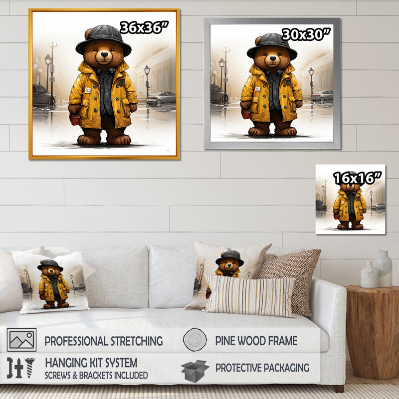 Ours en peluche jaune - aventures de l'ours en peluche, Cadre doré simple, H 16 po x l 16 po x P 1 po