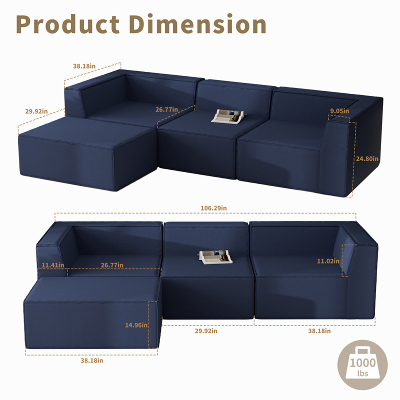 Canapé modulaire Boneless avec méridienne, siège en forme de L profond et mousse compressée, Polyester bleu