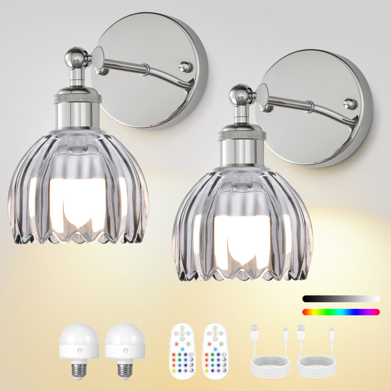 Battery Operated Tulip Wall Sconce Set Of 2 With Remote & Bulb, Dimmable Wireless Rechargeable Wall Lights (3 Color Temp & 12 Rgb) For Bedroom Living Room Hallway
