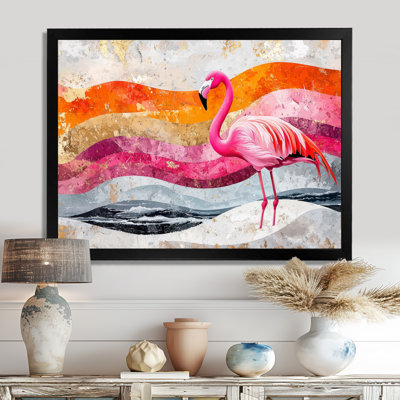 Gold Pink Flamingo On Bold Beach Landscape I - Flamingo Wall Art