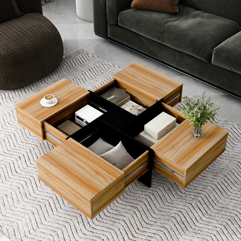 Table carrée carrée avec rangement caché et plateau coulissant extensible, panneau de particules brun central, Brun