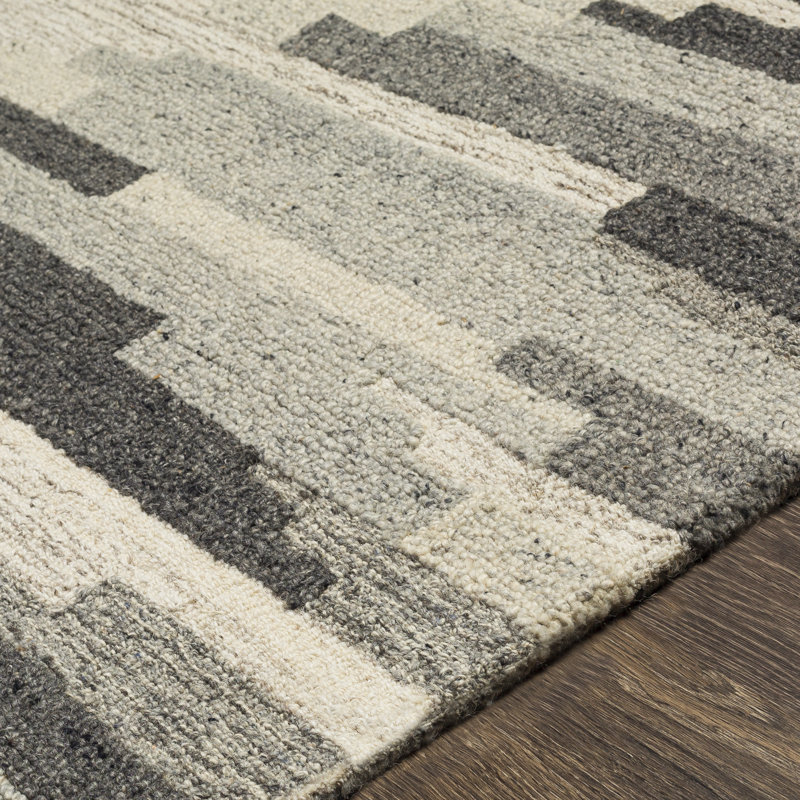 Tapis noir / gris / beige en laine touffeté à la main, Rectangle de 2 pi x 3 pi
