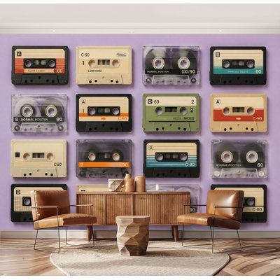 Murale Cassettes audio pelez et collez, disques de musique, cassettes audio rétro mauves, grand papier peint autocollant amovible, papier contact mural pour salon, chambre à coucher, chambre de bébé H 69 po x l 96 po