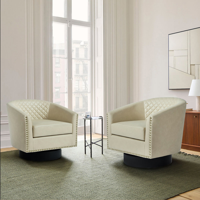 Bennett Upholstered Beige Faux Leather Tufted Barrel Small Swivel Chair with Nailhead Trim, Beige Faux Leather