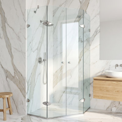 Gemini 45 in. L x 45 in. W x 73 in. H Frameless Hinged Neo-angle Shower Enclosure and Meridian 4-Piece Bath Hardware Set in Brushed Nickel
