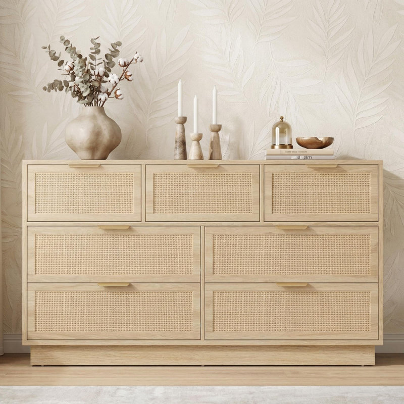 Rattan 7 Drawer Dresser, 55in Wide 7 Chest of Drawers with Metal Handles and Wooden Sturdy Base for Bedroom Living Room Nursery