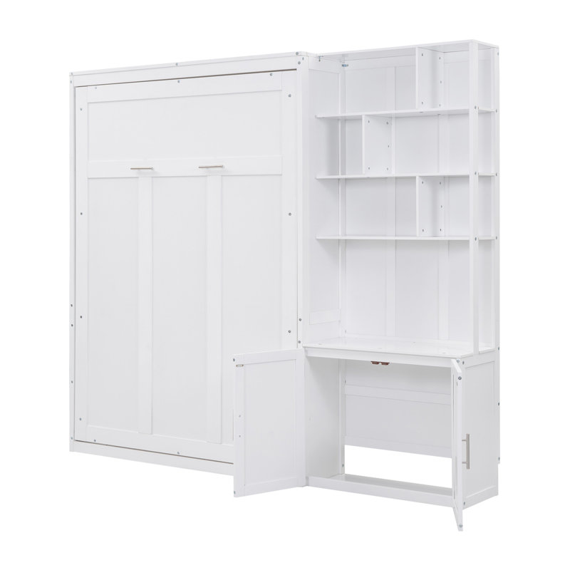 Lit escamotable double avec plusieurs tablettes de rangement et une armoire, blanc