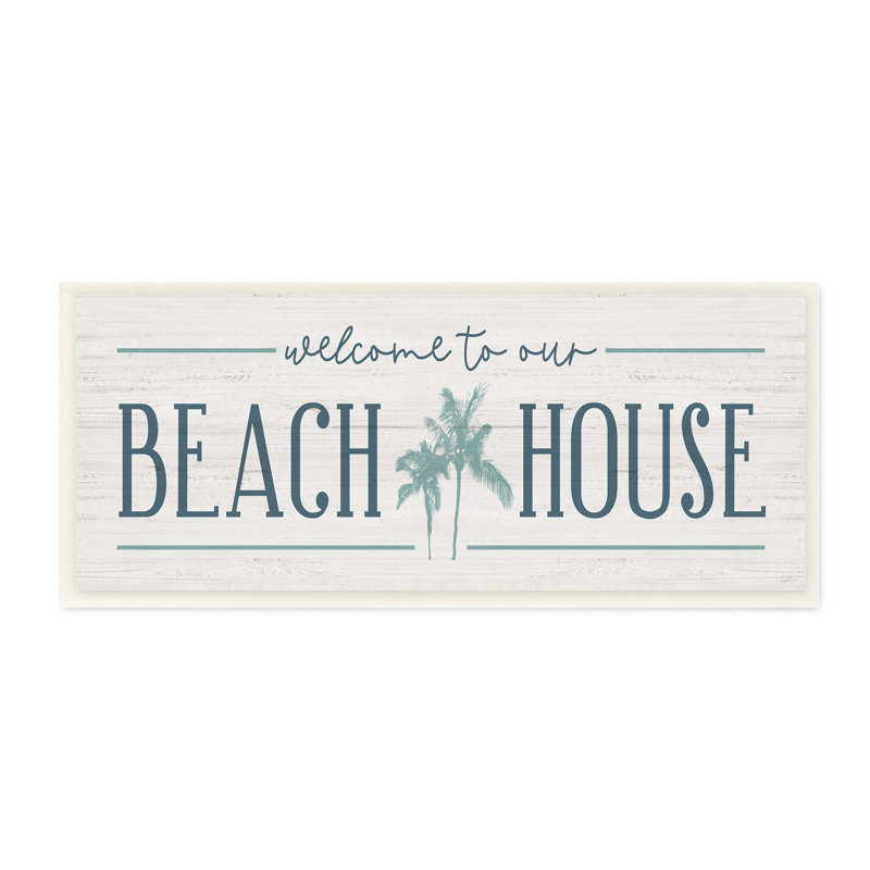 «Welcome to Beach House», panneau de palmiers bleus par Natalie Carpentieri - Art textuel, H 7 po x l 17 po x P 0,5 po