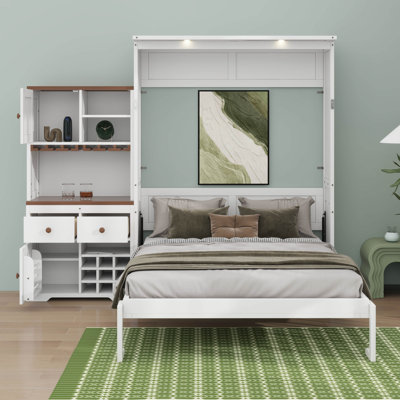 Grand lit escamotable avec armoire de rangement, support à vin, porte-verre, tiroirs et bande DEL multicolore