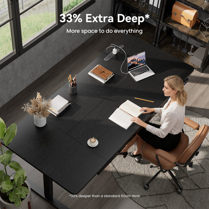 Adjustable Metal Base Standing Desk with Power Outlet, 180cm W x 80cm D, Black/Black